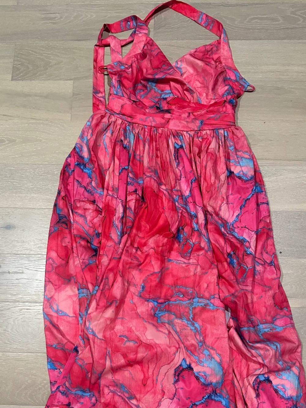 hot pink and blue streak maxi dress with cross cross back